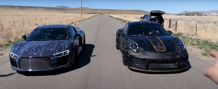 photo of 1,300-HP Audi R8 Drag Races Porsche 911 GT2 RS on Narrow Road, Anxiety Is High image