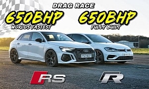 1,300-HP Onslaught: VW Golf R Drag Races Audi RS 3 Until 'Rear Diff Has Left the Chat'