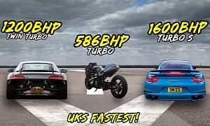 1300HP Porsche 911 Turbo S Drag Races 1200HP Audi R8, Turbo Suzuki GSX-R Joins in
