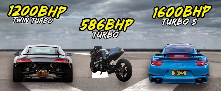 1,300 hp Porsche 911 Turbo S Vs 1,200 hp Audi R8 V10 Vs 585 hp Suzuki GSX-R drag race
