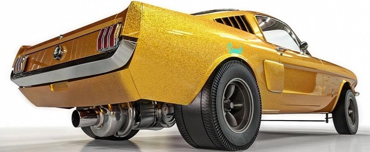 Gold Ford Mustang Turbo Axle Hot Rod rendering by abimelecdesign