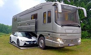 $1.6 Million Luxury Motorhome Will Carry You and Your Sports Car in Style