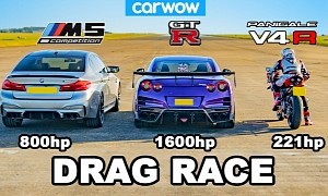 1,600 HP GT-R Drag Races 800 HP M5 and Stock Ducati Superbike, All Ends in Tears