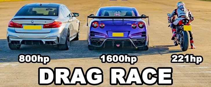 Tuned Nissan GT-R vs. tuned BMW M5 vs. stock Ducati V4R drag race