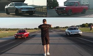 1,600-hp R32 Nissan Skyline GT-R Drag Races R35-Swapped Datsun Truck, Someone Gets Walked