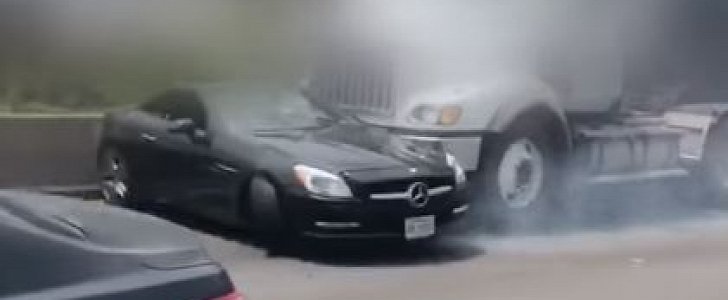18-wheeler pushes Mercedes-Benz on Texas highway