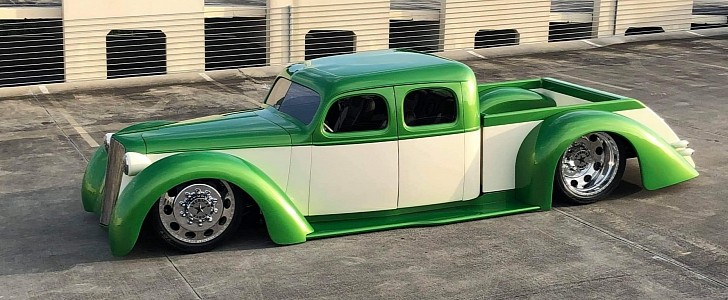"Brutally Sexy" started out as a '36 Chevy Master Sedan, is now a fully-custom crew cab dually 