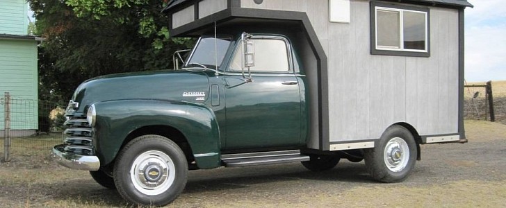 1950 Chevrolet 3600 with tiny house attached for a camper is on the market for $13,500