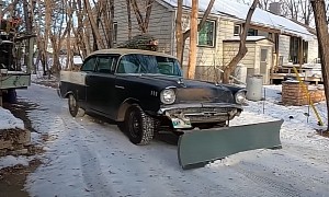 1957 Chevrolet Tri-Five Becomes Unlikely Snow Plow, Hauls Christmas Tree