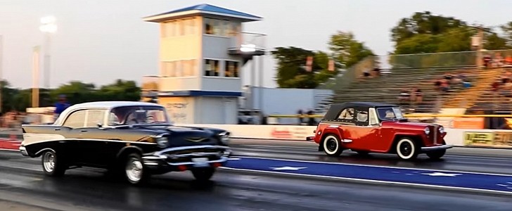 1948 Willys Jeepster drag races Hot Rod and 1957 Chevrolet Tri-Five at Byron Dragway 