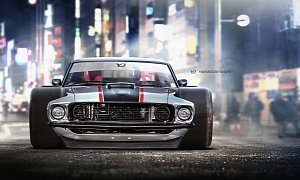 1969 Ford Mustang Mach 1 Mutant Rendering Has NASCAR Tires, Stance from Hell