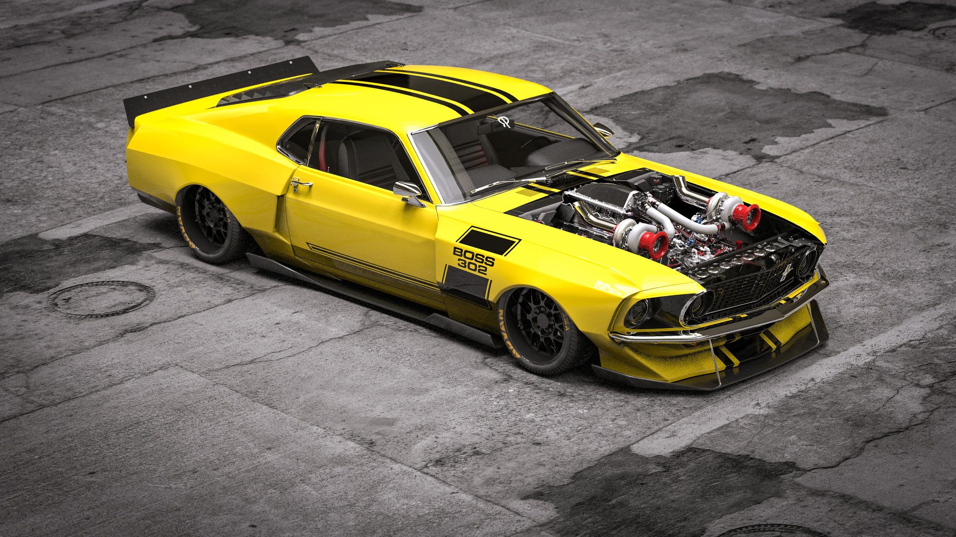 Mustang Boss Yellow Angel Gets Digital Widebody Twin Turbo