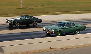 1970 Chevrolet Chevelle SS Drag Races 1974 Plymouth Duster, the Underdog Wins
