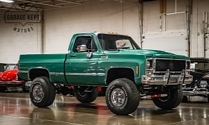 1979 Chevy Silverado 4x4 Lifts Green Body and Orange Crate Engine Way up High