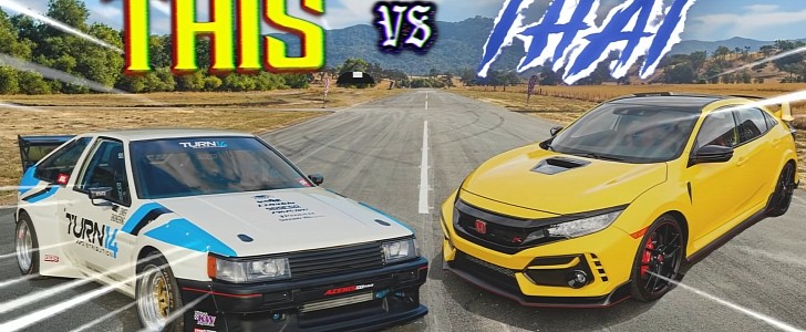 1986 Toyota AE86 with K20C1 turbocharged crate engine vs 2021 Civic Type R on Hoonigan