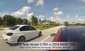 2013 Tesla Model S Drag Races a BMW 335i with Various Upgrades