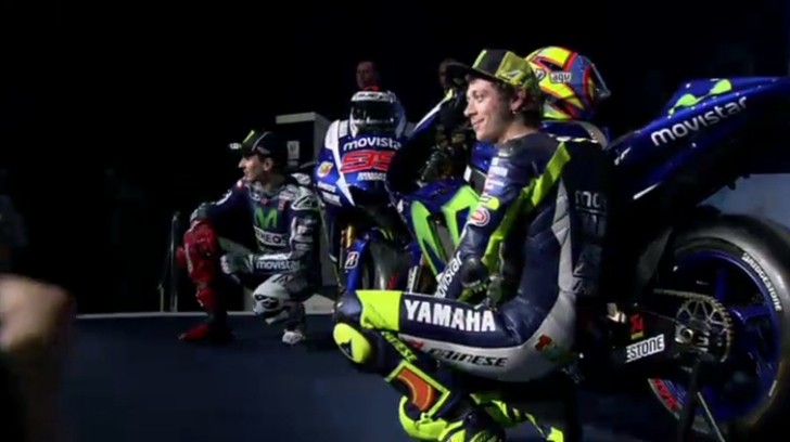 Rossi and Lorenzo unveiling their 2015 bikes