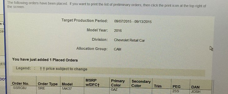 2016 Chevrolet Camaro order