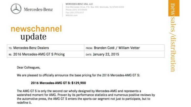 2016 Mercedes-AMG GT S price