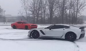 2018 Dodge Challenger Hellcat Widebody vs. Corvette Z06 Snow Angel Battle Is Lit