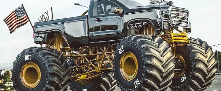 2020 GMC Sierra "Beef Foot" Monster Truck Rocks Blown V8 in the Front