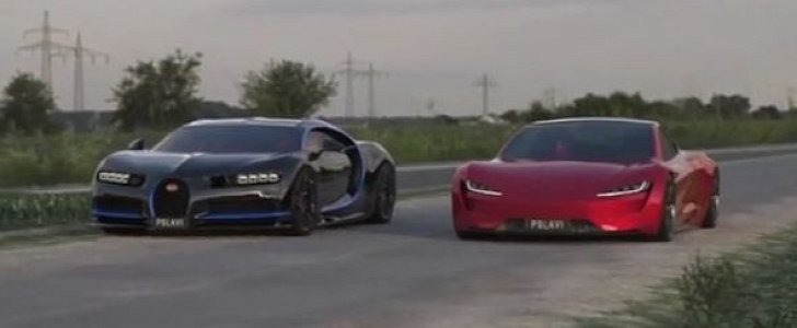 2020 Tesla Roadster vs. Bugatti Chiron Drag Race (rendering)