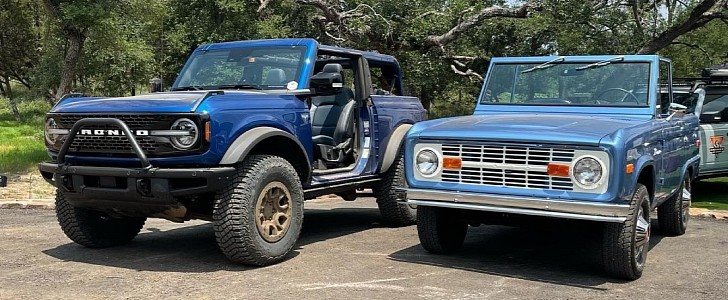 2021 Ford Bronco side by side with Gen 1 original Bronco and Willys Wrangler