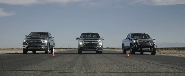 Drag Race! Ford F-150 vs. Ram 1500 vs. GMC Sierra | Racing Pickup Trucks! | 0-60 Performance & More