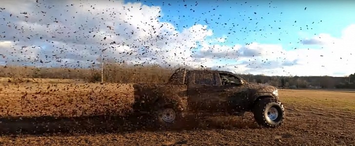 RAM 1500 TRX on 44-inch mud boggers doing its thing