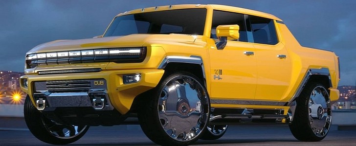 2022 GMC Hummer Imagined as First Donk EV on 30-Inch Chrome Wheels