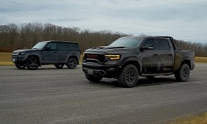 2022 Land Rover Defender V8 Drags Ram 1500 TRX, One of Them Eats Ice, Not Dust