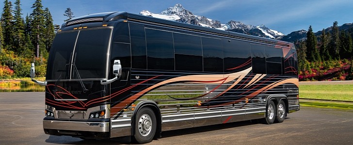 This millionaire's land yacht blends the robustness of the Prevost chassis with the amenities of a five-star hotel room