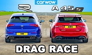 2022 Volkswagen Golf R vs. AMG A45 Hot Hatch Drag Race Is Surprisingly Close