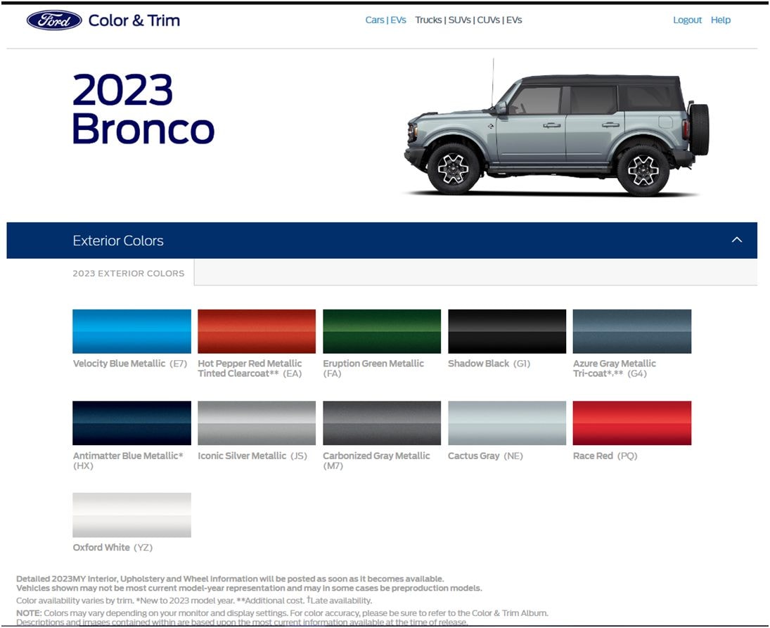 2023 Ford Bronco Exterior Color Palette Antimatter Blue and