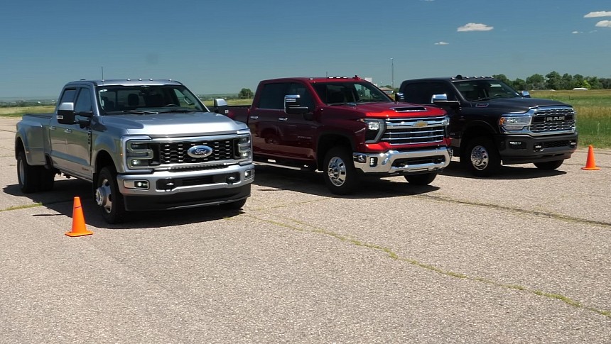 Ford vs Chevy vs Ram diesel dually pickup truck drag race