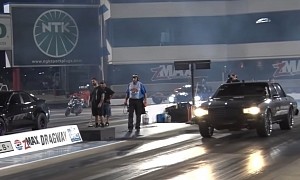 26-In 1987 Box Chevy Drag Races 9s Hellcat and Lady's CTS-V, It's Way Too Close