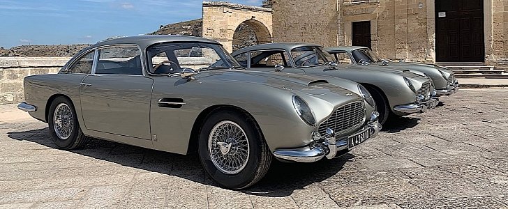 Aston Martin DB5, 3 of them, on the James Bond set in Italy