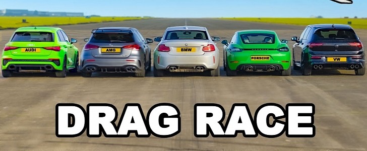 5 Way Drag Race: RS 3 vs A 45 S vs Cayman GTS vs Golf R vs M2