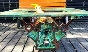 $5,500 Engine Block Table Comes With Live Fire Pit, Ignition Key and Gas Pedal