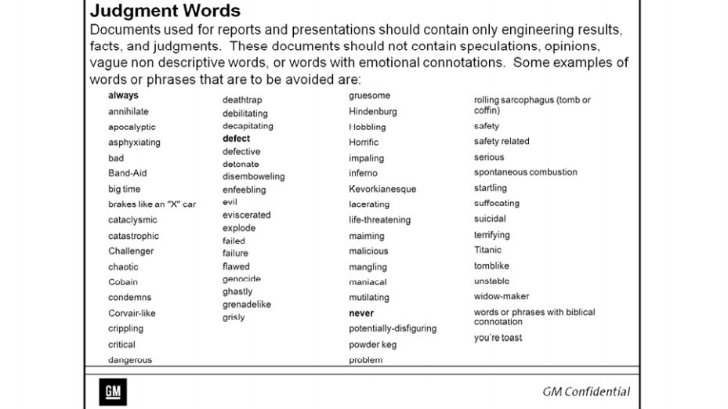 General Motors list of Judgement Words