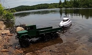 6x6 RC Army Truck Going Off-Road With Fishing Boat Is Summer Leisure Done Right