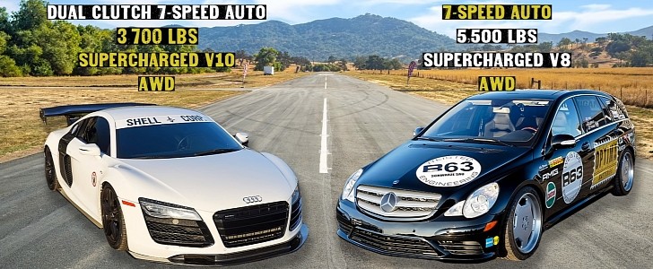 Mercedes-Benz R 63 AMG vs Audi R8 V10 (both supercharged) drag race