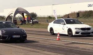 750 HP BMW M5 Drag Races Porsche 911 Turbo S in Airfield Brutality Run