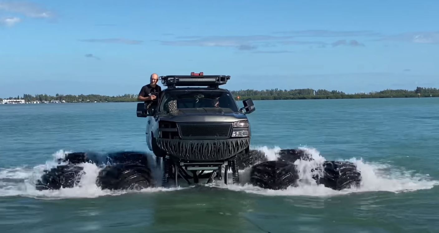 8 Wheel Chevy Silverado Monstermax Goes For A Swim In The Ocean