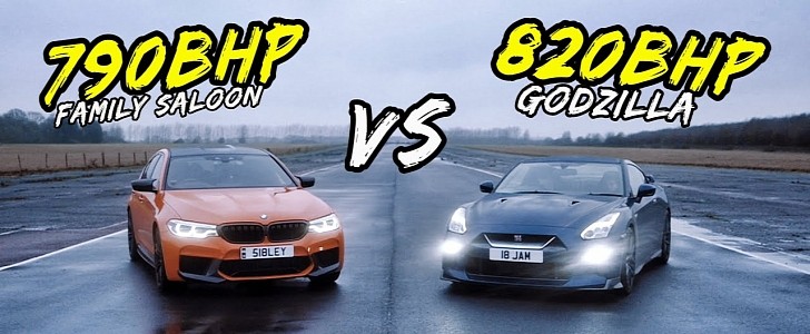 820 hp Nissan GT-R vs 790 hp BMW M5 drag race