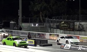 850 HP Challenger Hellcat Drag Races Tuned Porsche 911 Turbo S with Oil on Track