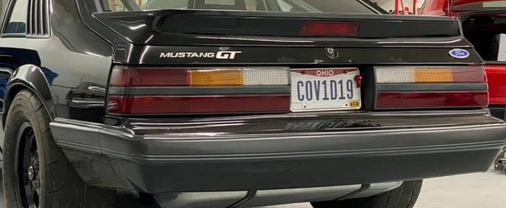 1986 Ford Mustang named "The Virus," with "COV1D19" Ohio license plate