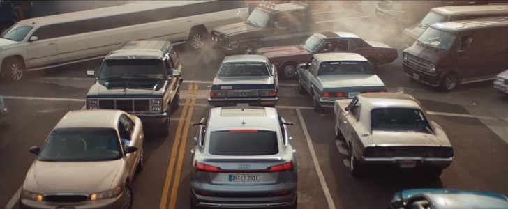 An Audi e-tron stuck in traffic in a Superbowl commercial by Audi