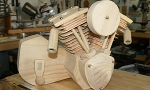 A Motorcycle V-Twin Engine Made of Wood