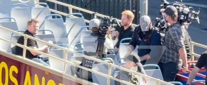 James Corden and the Duke of Sussex, Prince Harry, shoot footage for a supposed new episode of Carpool Karaoke
